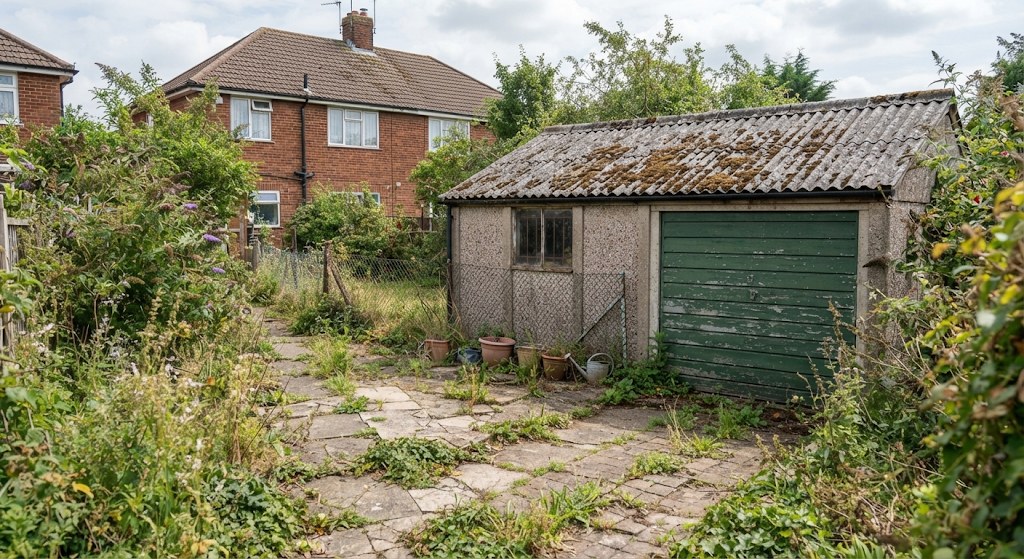 Cement roof sheets on a garage — one of the most common finds in Widnes.